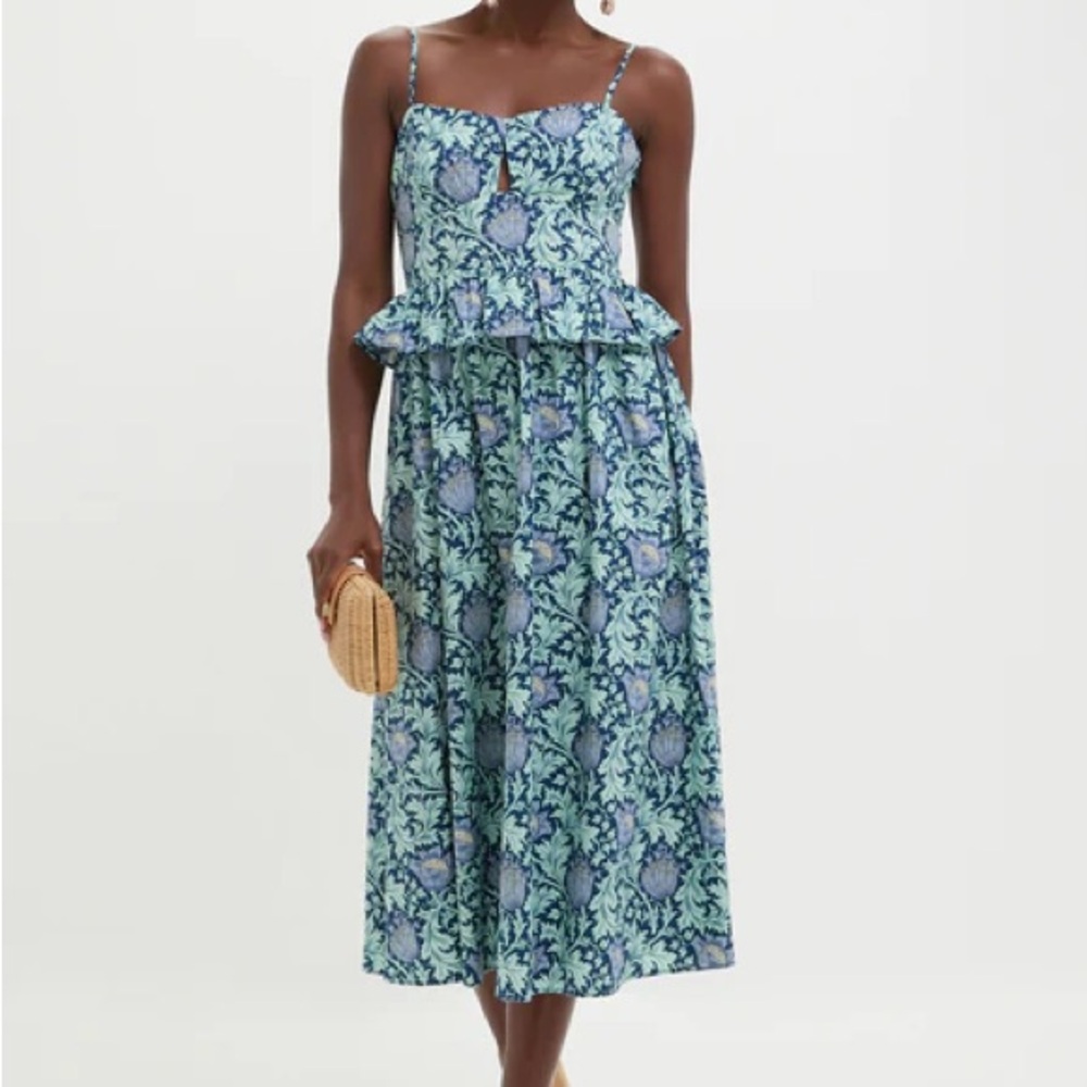 Blue Leafy Floral Maeve Midi Sundress with Peplum Tuckernuck
